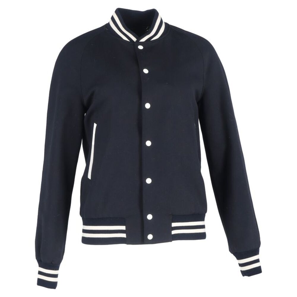 Sandro Paris Striped Varsity Jacket in Navy Blue Polyester